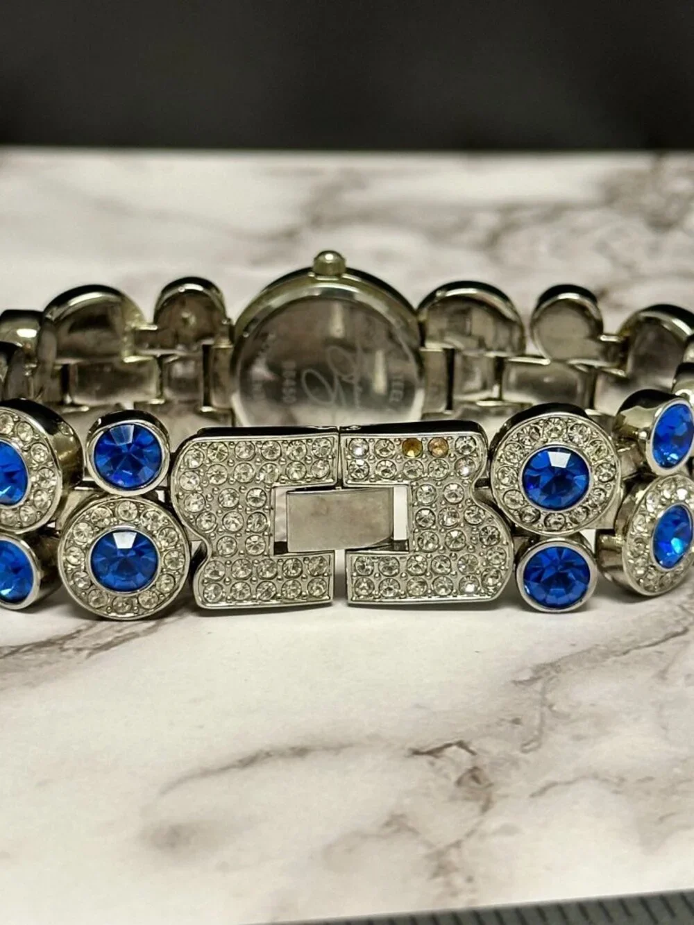 Suzanne Somers Watch Women Silver Tone Blue Rhinestone Bling Band New Battery